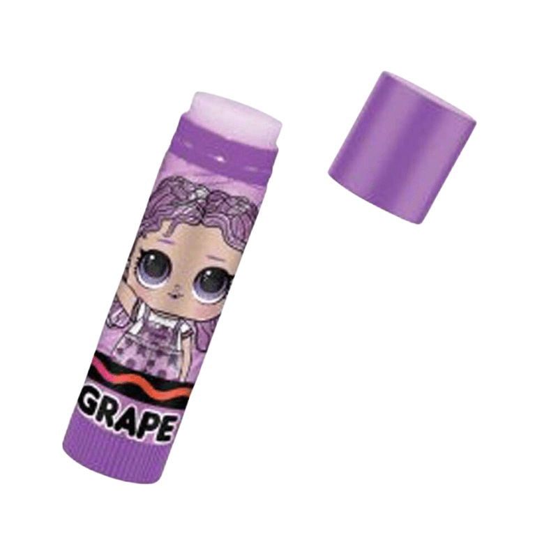 Purple lip balm with a character design on a white background