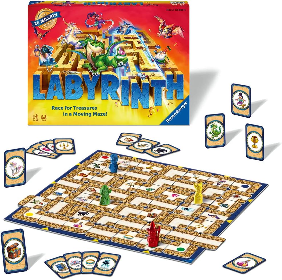 Board game set with 'Labyrinth' packaging and pieces on a white background