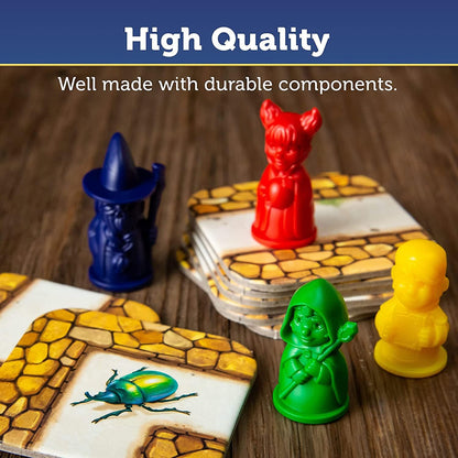 Colorful game pieces on a wooden surface with text about high quality and durable components.