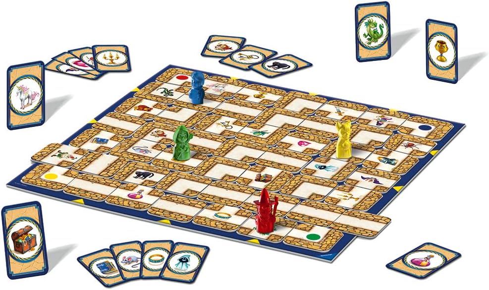 Board game with pieces and cards on a white background