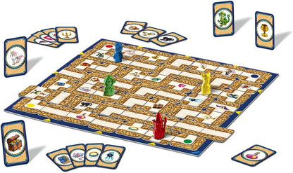 Board game with pieces and cards on a white background