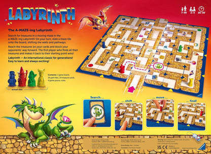 Board game packaging for 'Labyrinth' with dragons and maze layout.
