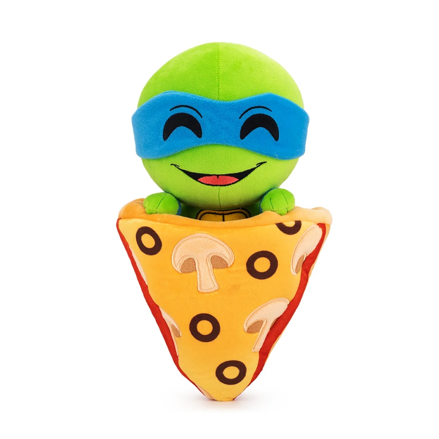 TMNT Plush toy turtle with blue mask on a pizza slice