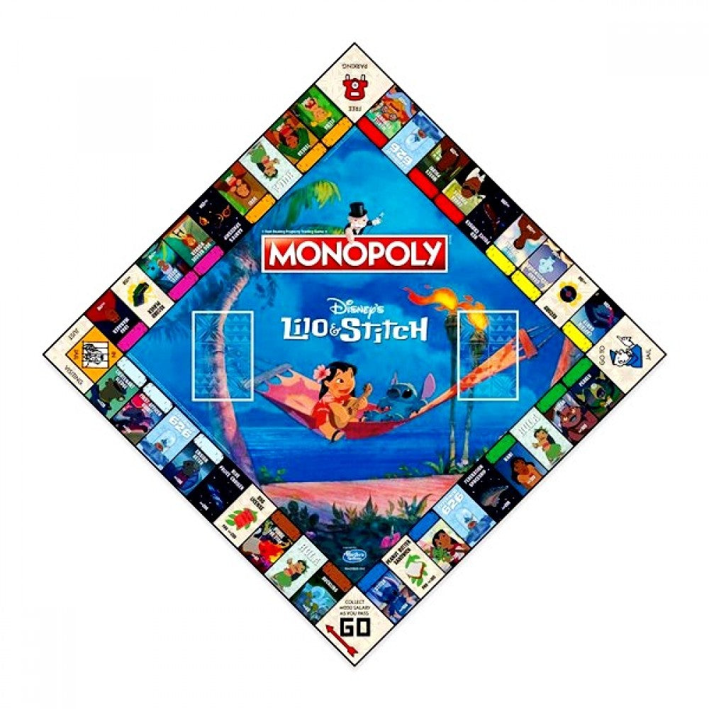 Monopoly board game set with Lilo & Stitch theme on a white background