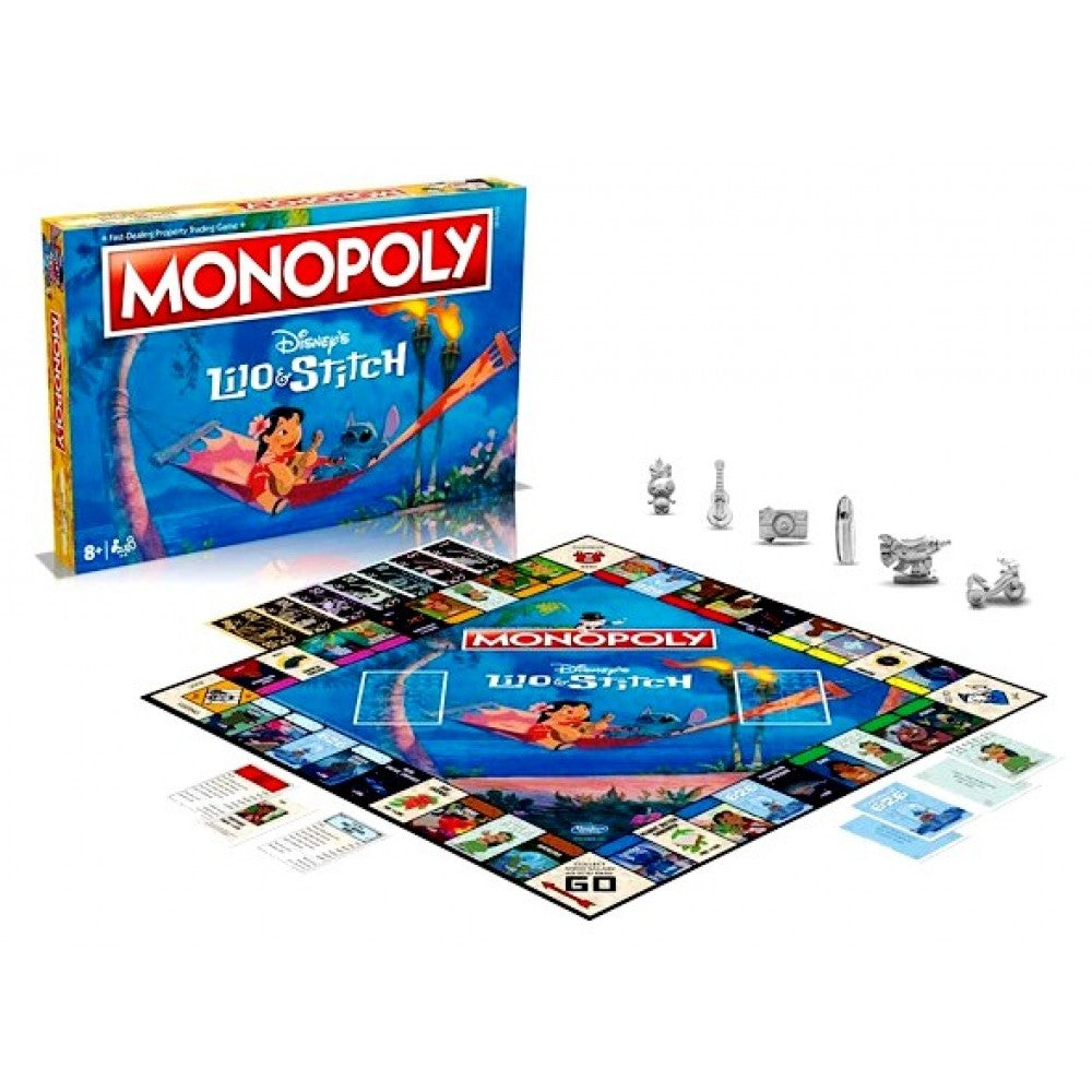 Monopoly Disney Lilo & Stitch board game set with packaging on a white background