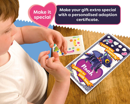 Child holding a personalized adoption certificate with text 'Make it special' and 'Make your gift extra special with a personalised adoption certificate'.