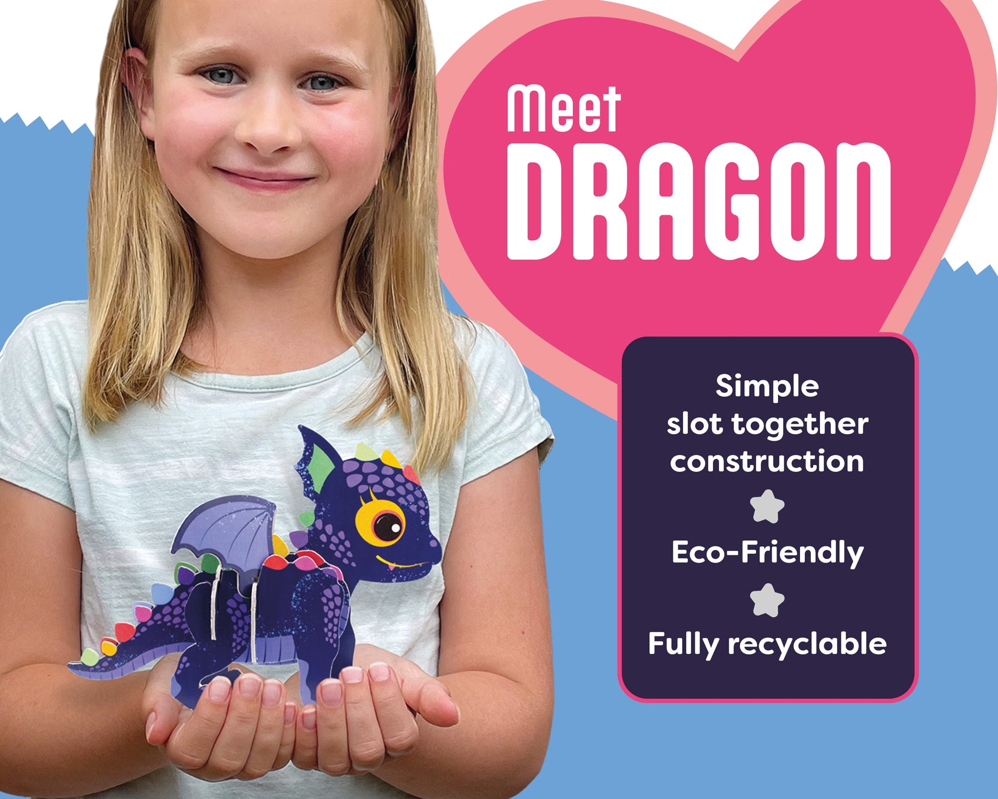 Child holding a dragon toy with promotional text about 'Dragon' on a blue background