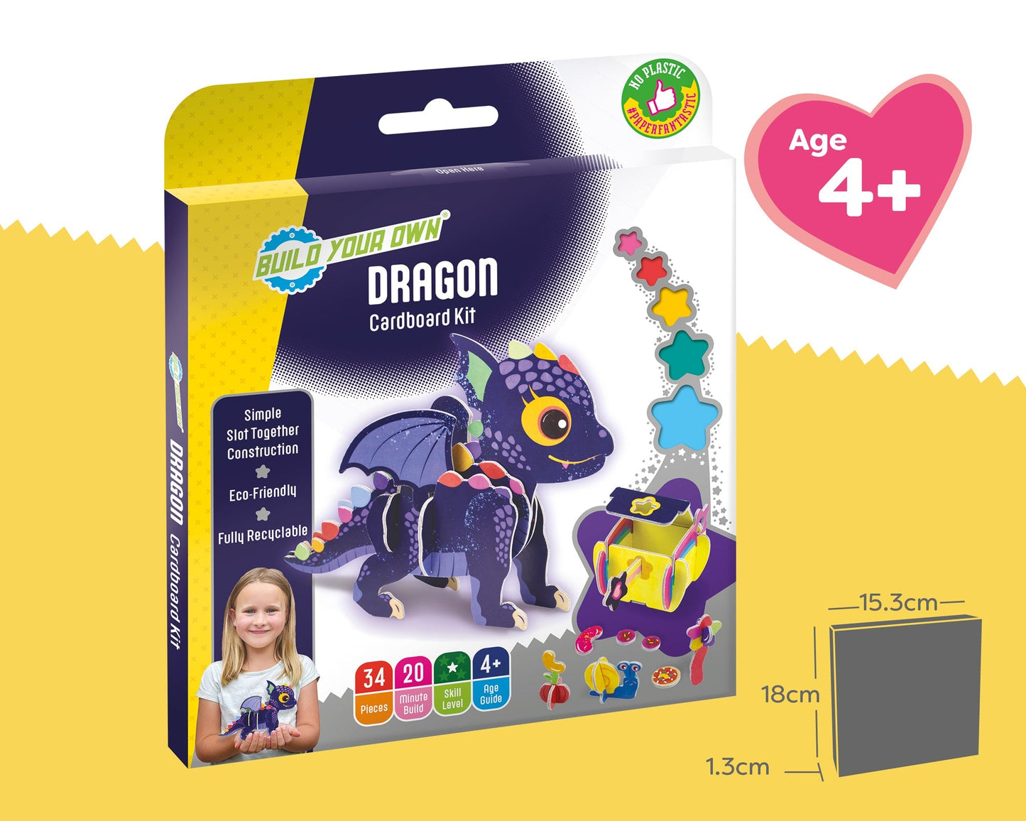 Cardboard dragon building kit packaging with age recommendation on a yellow background