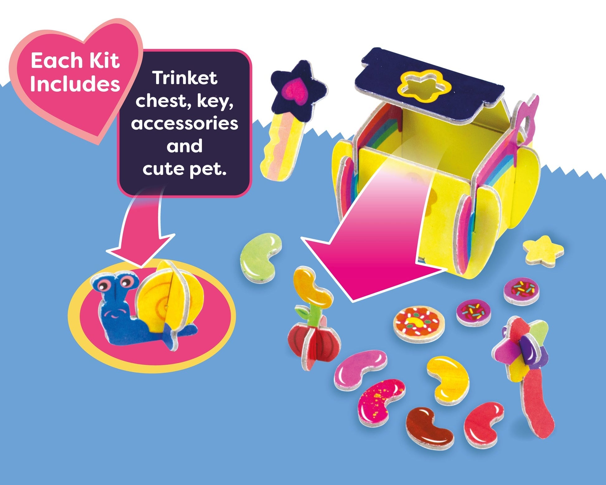 Toy kit with trinket chest, key, accessories, and cute pet on a blue background