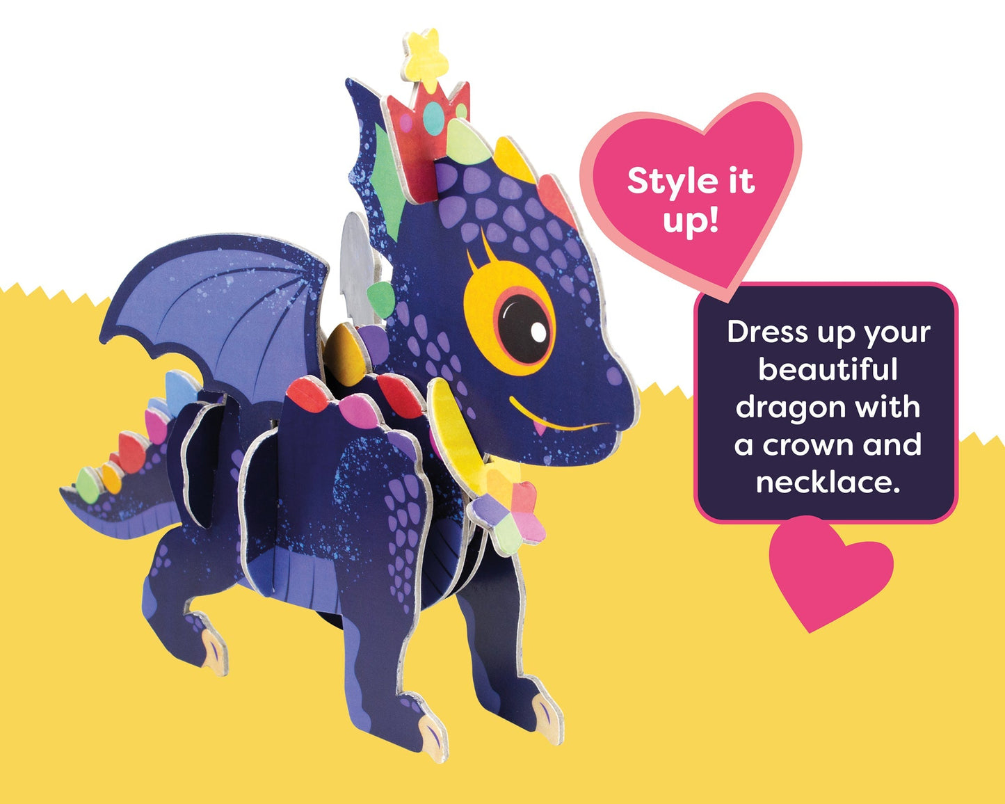 Colorful dragon toy with a crown and necklace on a yellow background