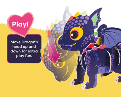 Toy dragon with colorful design on a yellow background, featuring text instructions.