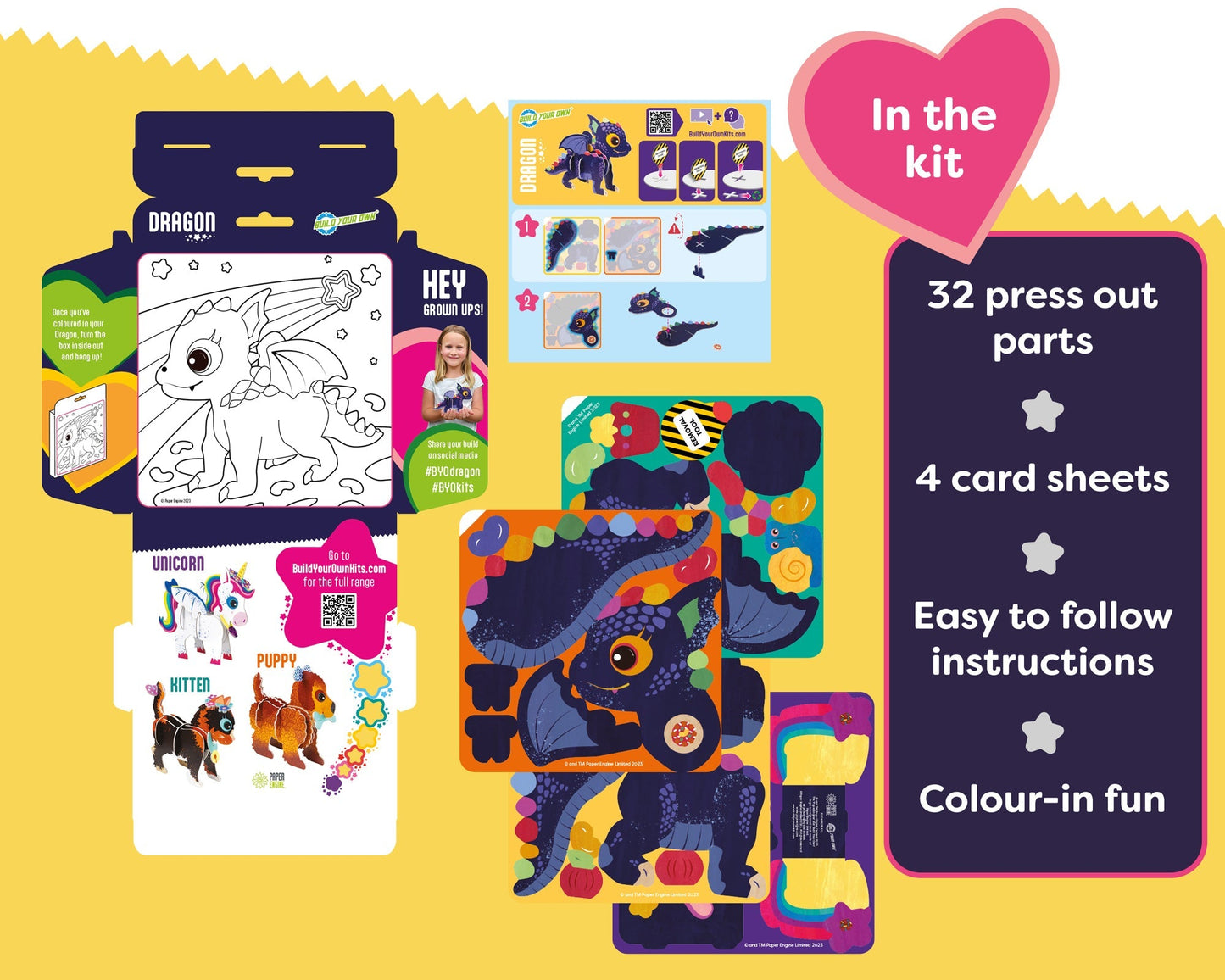 Children's craft kit with press out parts and card sheets on a yellow background