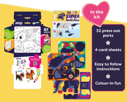 Children's craft kit with press out parts and card sheets on a yellow background