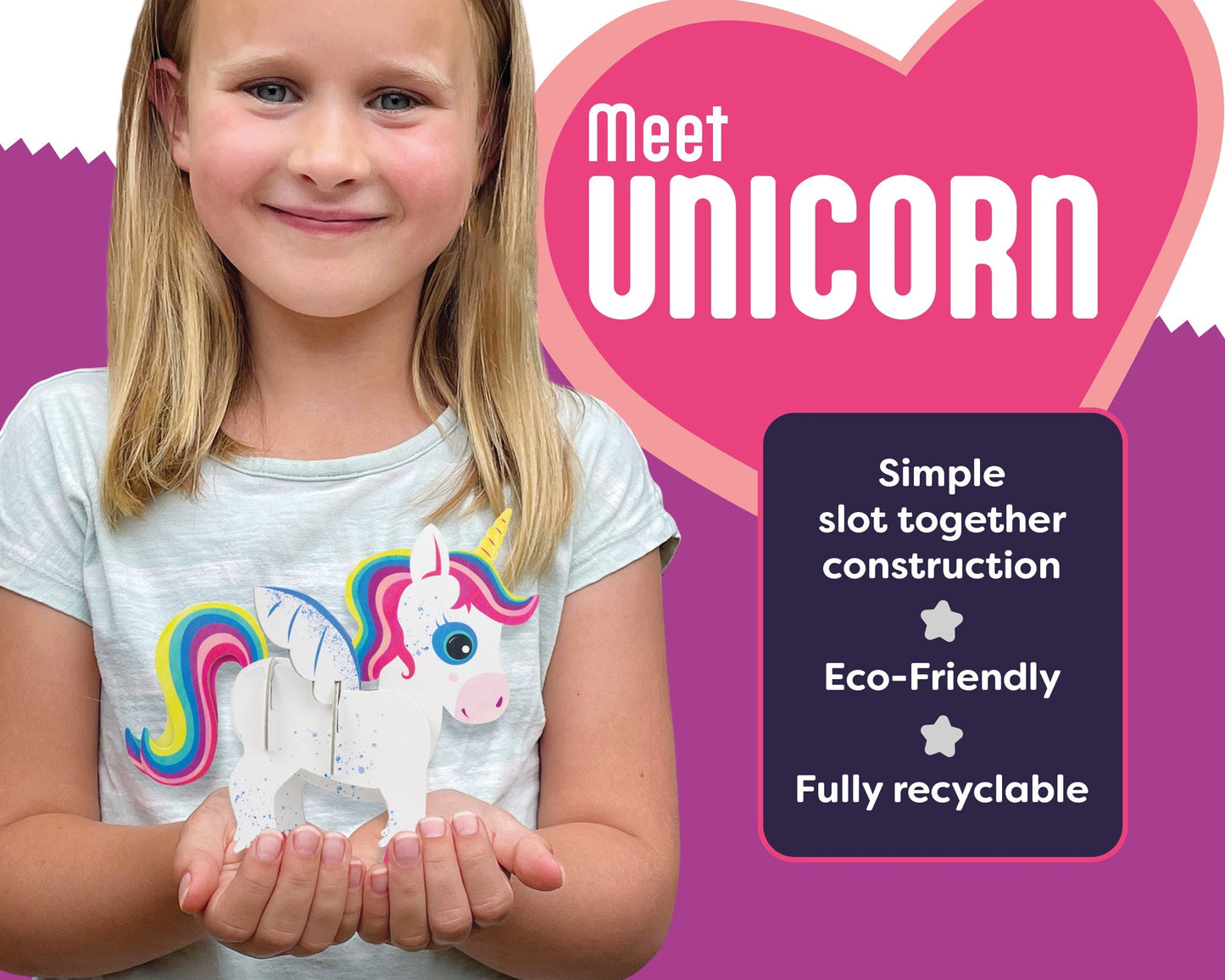 Child holding a unicorn toy with promotional text on a pink heart background