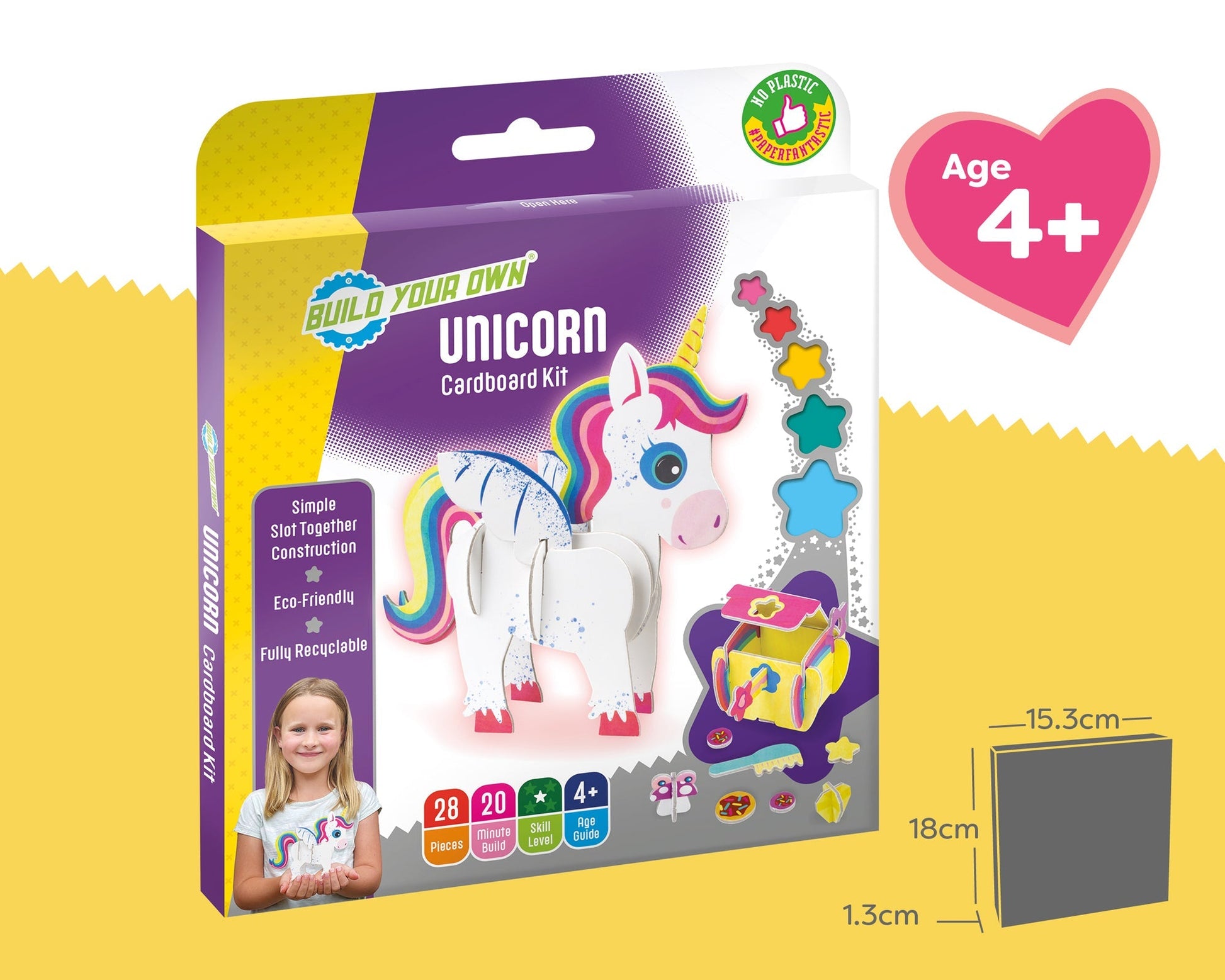 Unicorn cardboard kit packaging with a girl illustration on a yellow background