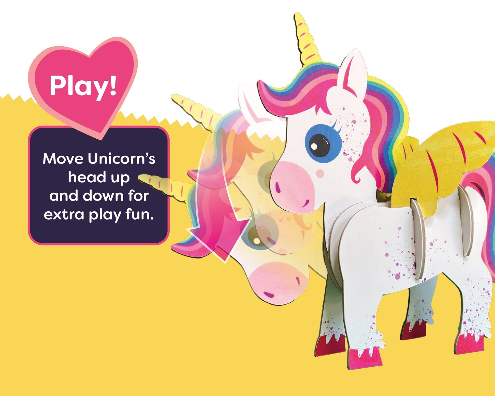 Colorful unicorn toy with instructions on a yellow background