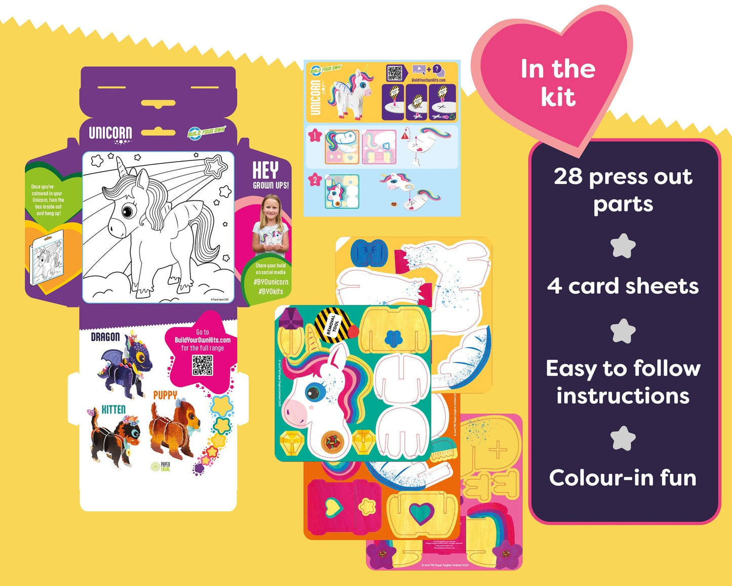 Unicorn-themed activity kit with press out parts and card sheets on a yellow background