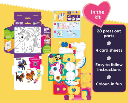 Unicorn-themed activity kit with press out parts and card sheets on a yellow background