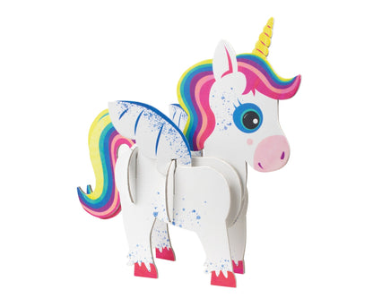 Colorful unicorn toy with a rainbow mane on a white background