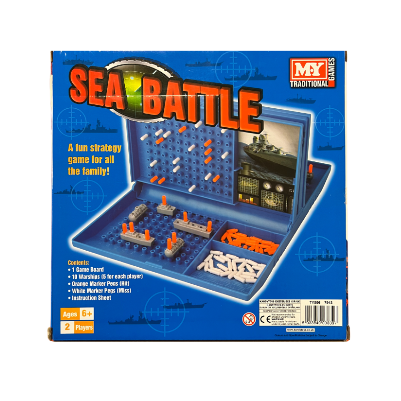 Sea Battle board game packaging with toy figures and board layout on a blue background