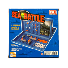 Sea Battle board game packaging with toy figures and board layout on a blue background
