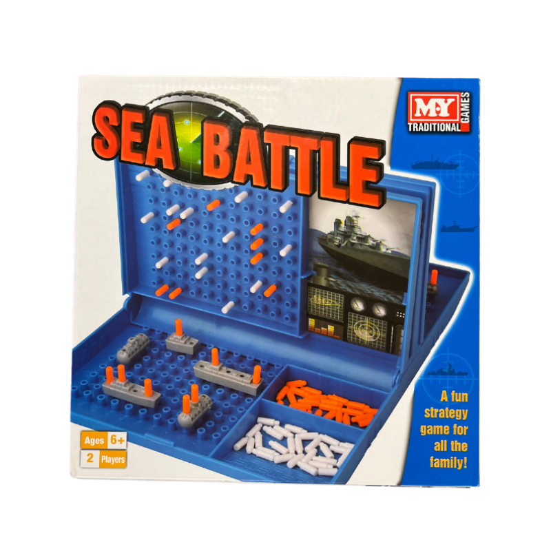 Sea Battle game box with toy ships and board layout on a white background