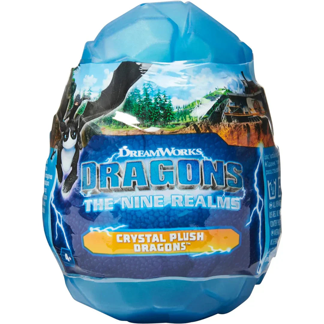 Blue plush dragon egg packaging with 'DreamWorks Dragons: The Nine Realms' branding on a white background.