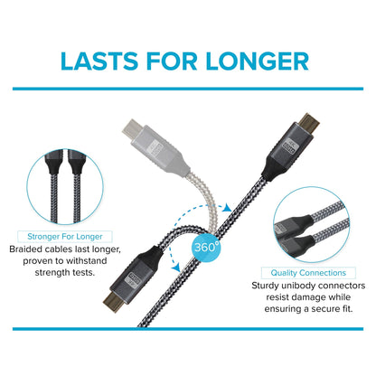 Pro USB-C to USB-C Gen2 100W 20Gbps Power Delivery Super Speed Data Transfer & Charging Braided Cable - Silver, 3m