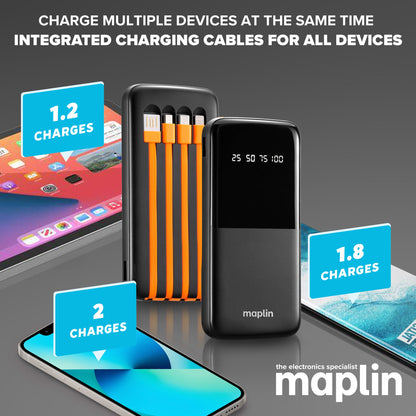 Maplin 10000mAh Slim Power Bank with Integrated Lightning, USB-C, USB-A & Micro USB Cables