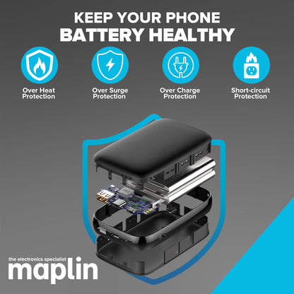 Maplin 10000mAh Slim Power Bank with Integrated Lightning, USB-C, USB-A & Micro USB Cables
