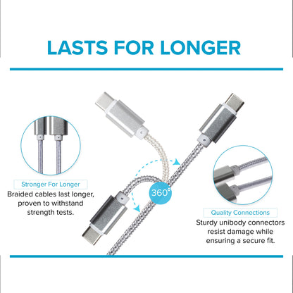 USB-C to USB-A Braided Cable - Silver, 0.25m