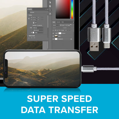 USB-C to USB-A Braided Cable - Silver, 0.25m