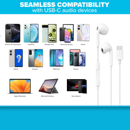 Wired USB-C Earbuds with Hands Free Calling & Volume Button - White
