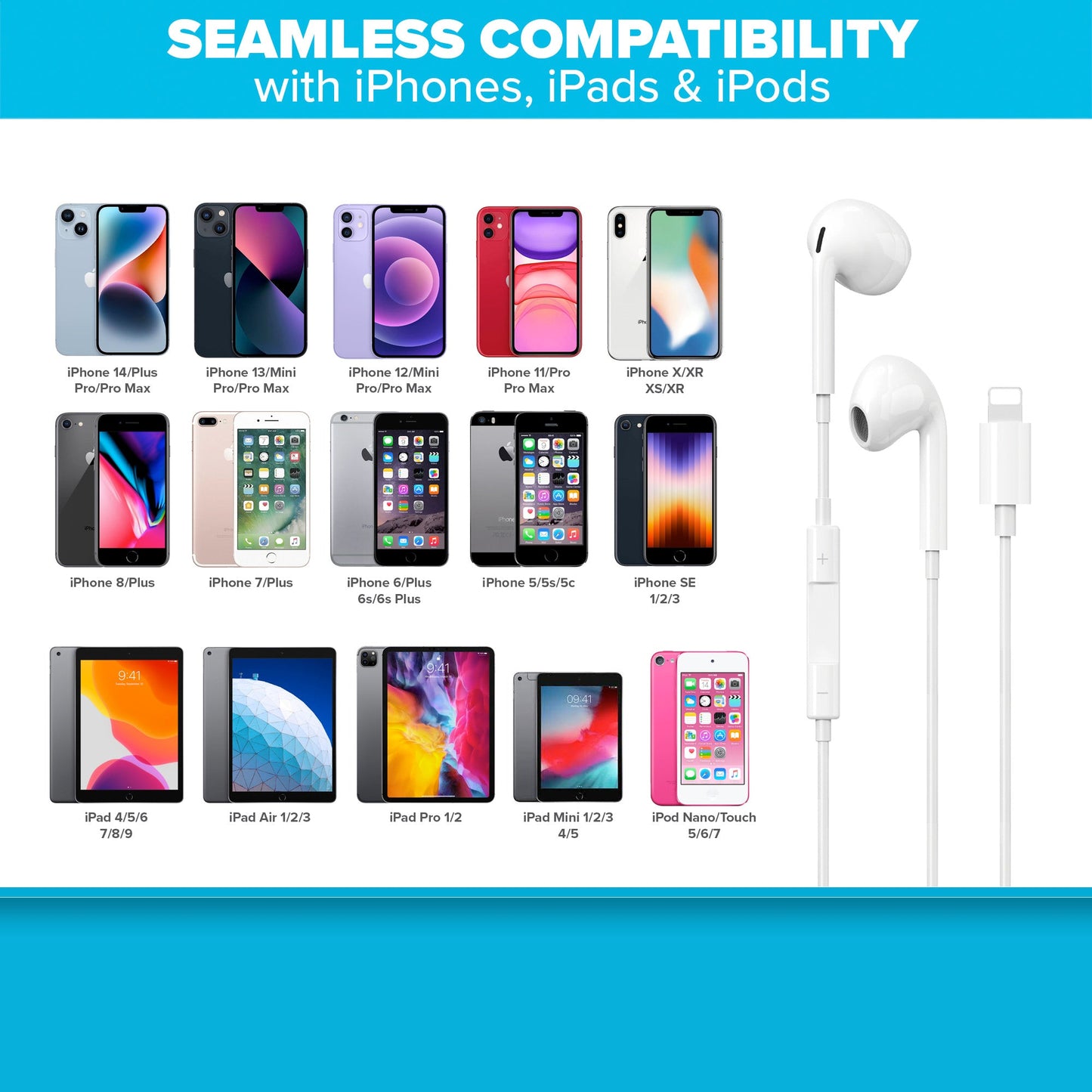 Wired Lightning Earbuds with Hands Free Calling & Volume Button - White