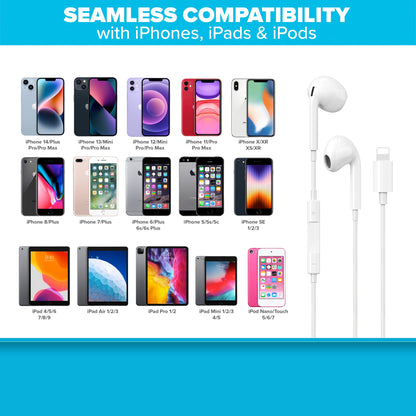 Wired Lightning Earbuds with Hands Free Calling & Volume Button - White