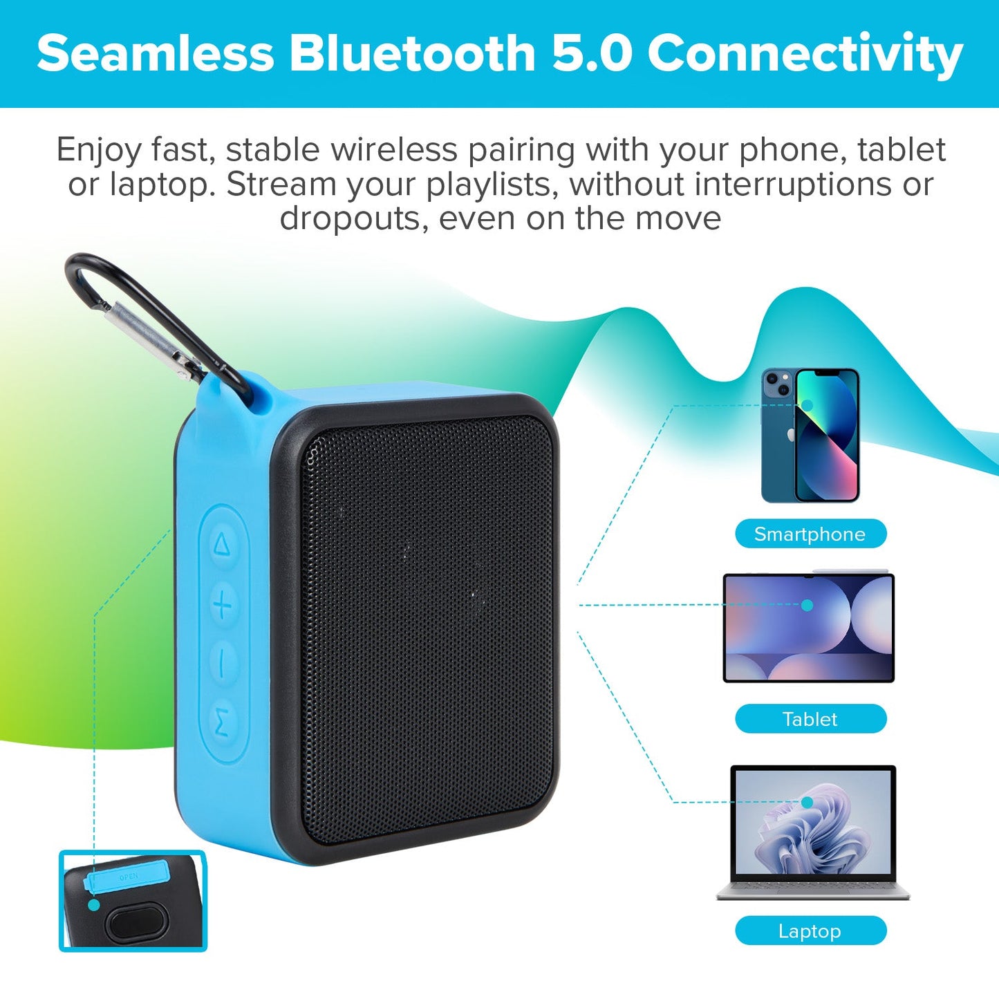 Waterproof Portable Bluetooth Speaker with Carabiner Clip