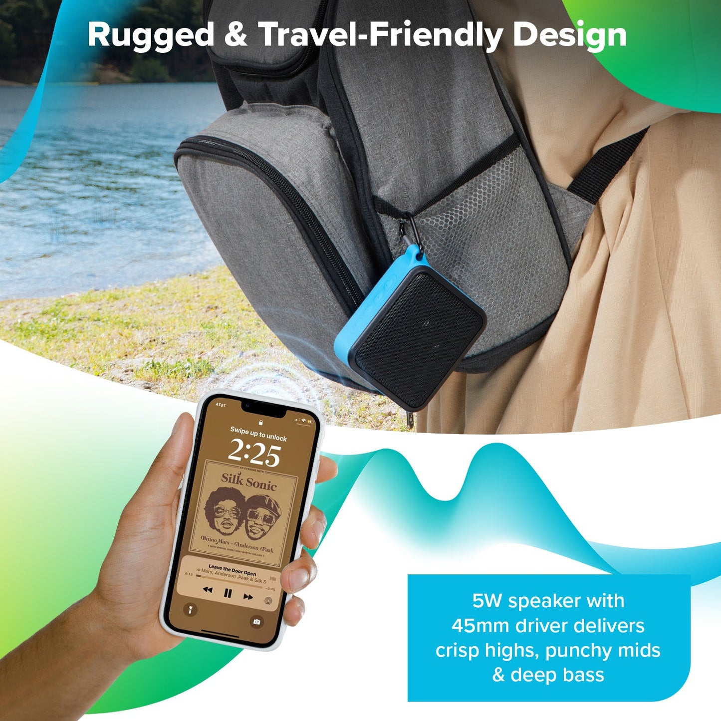 Waterproof Portable Bluetooth Speaker with Carabiner Clip
