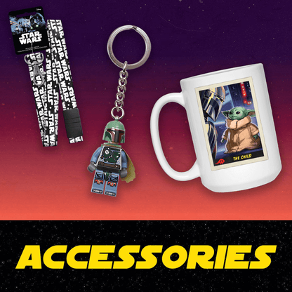 Star Wars-themed keychain, mug, and strap on a gradient background with 'ACCESSORIES' text.
