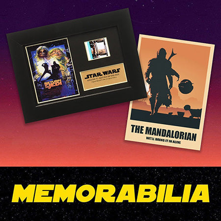 Star Wars memorabilia including a framed piece and a poster on a gradient background with 'Memorabilia' text.