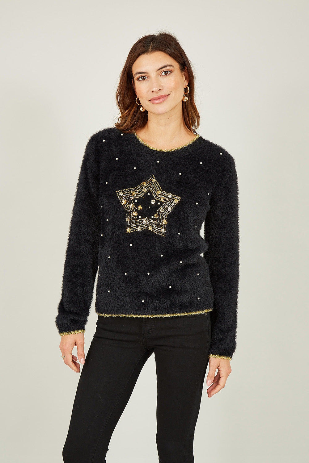 Black Fluffy Star Christmas Jumper
