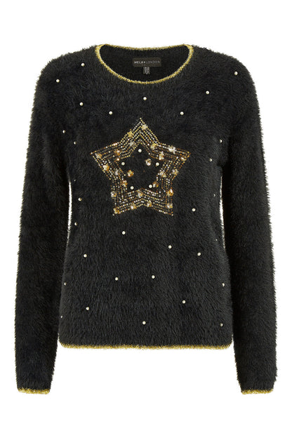 Black Fluffy Star Christmas Jumper