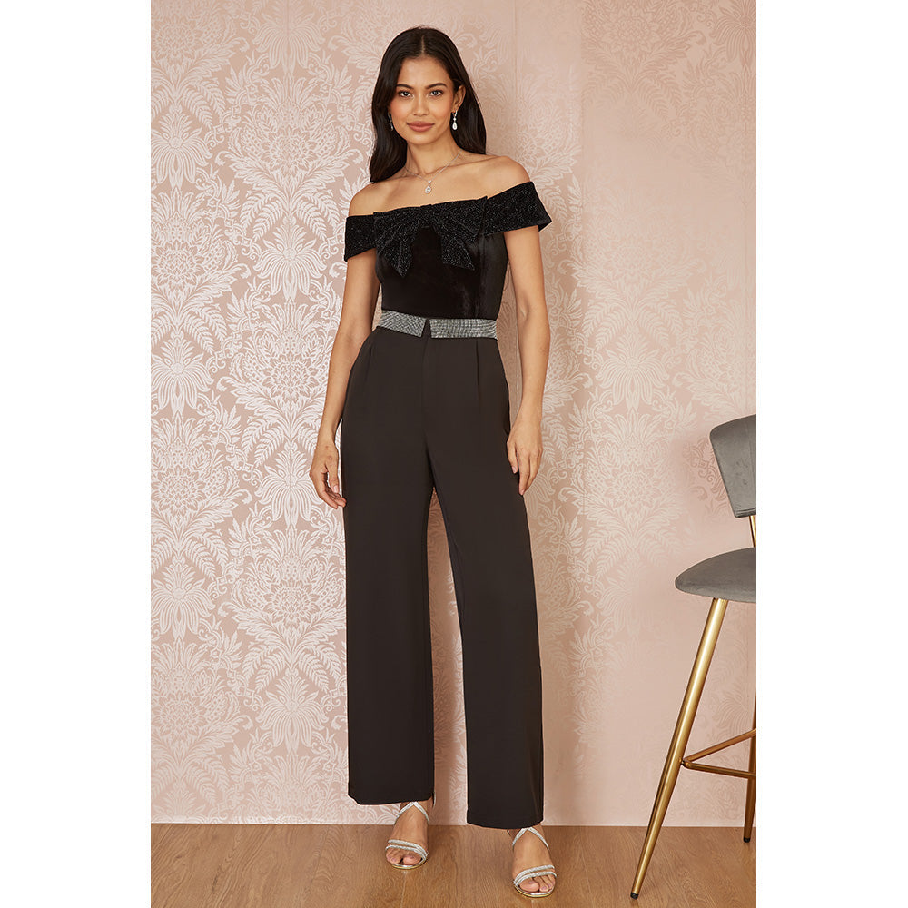 Black Sparkle Black Velvet Bow Bardot Top