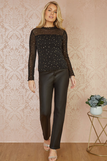 Black Mesh Star Print Long Sleeve Top