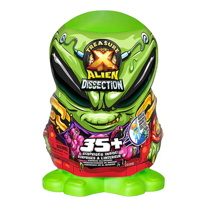 Toy container shaped like an alien with colorful design and text on a white background