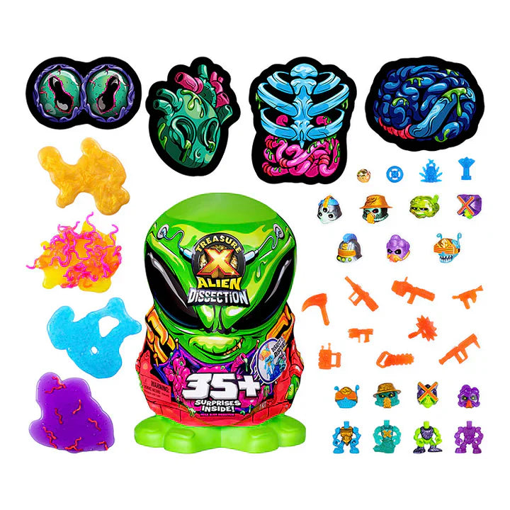 Toy set with alien dissection kit and various colorful toy figures on a white background