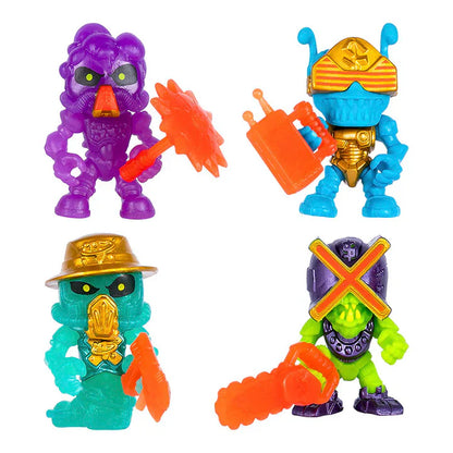 Four colorful toy figures with unique designs on a white background