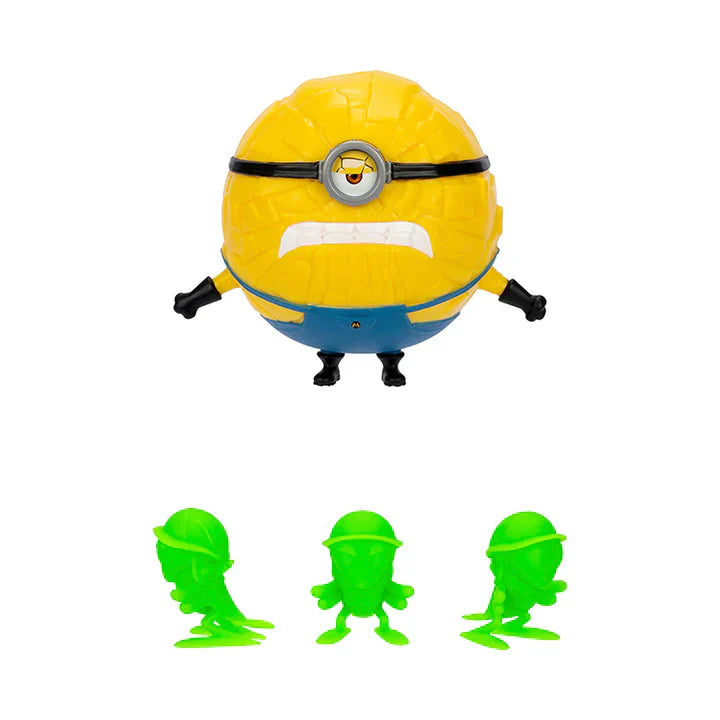 Yellow toy figure with green accessories on a white background