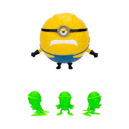 Yellow toy figure with green accessories on a white background