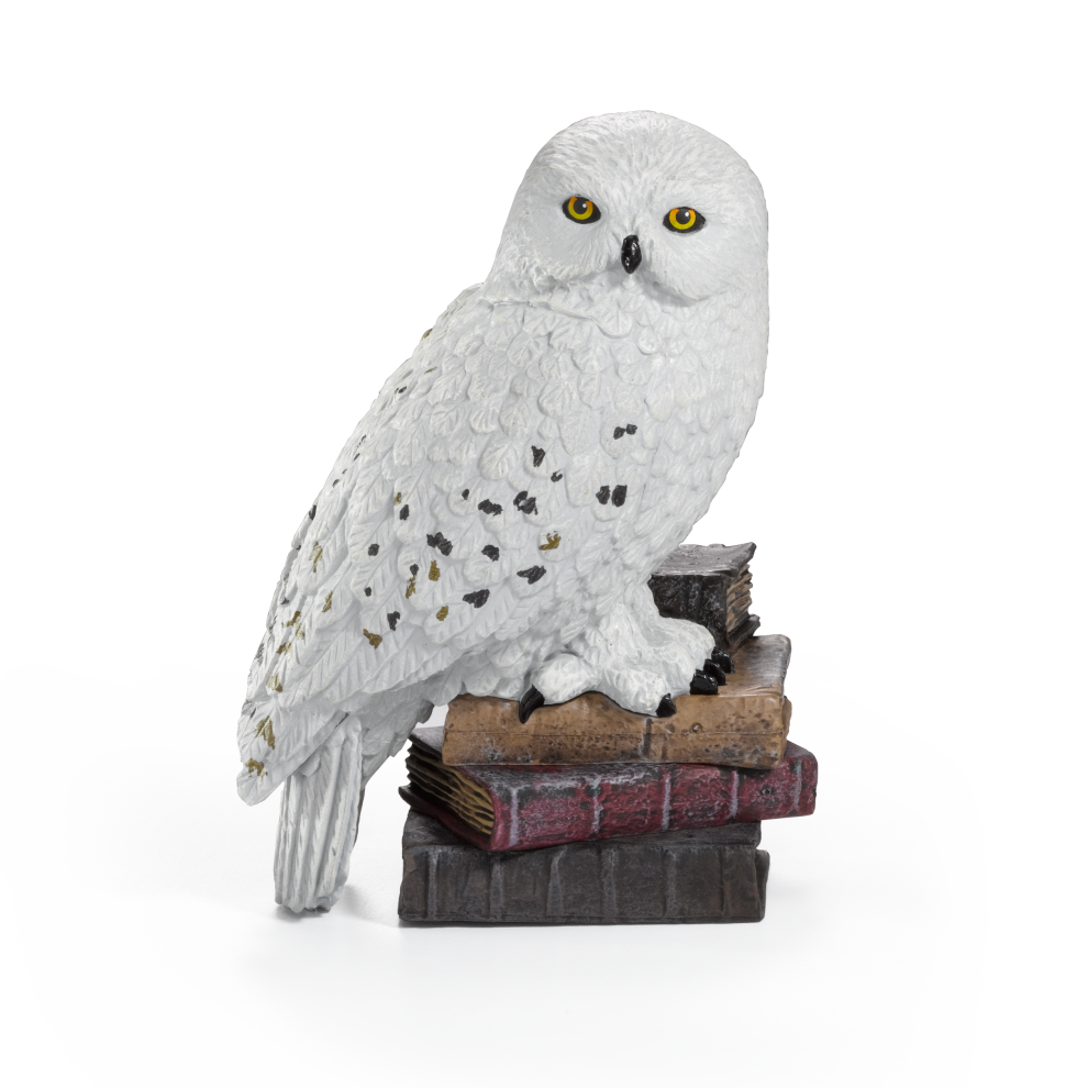 White owl Hedwig on a stack of books against a white background