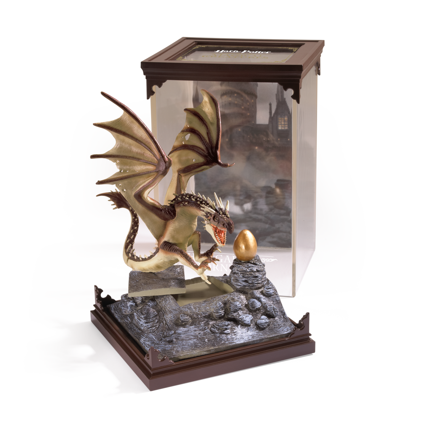 Hungarian Horntail Dragon figurine with a golden egg in a display case, featuring 'Harry Potter' branding.